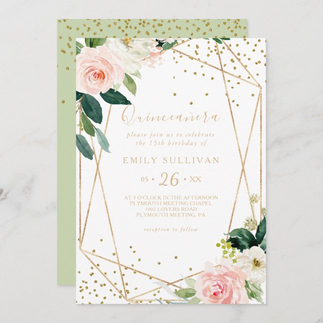 Greenery Gold Geometric Quinceañera Birthday Party Invitation (Front/Back)