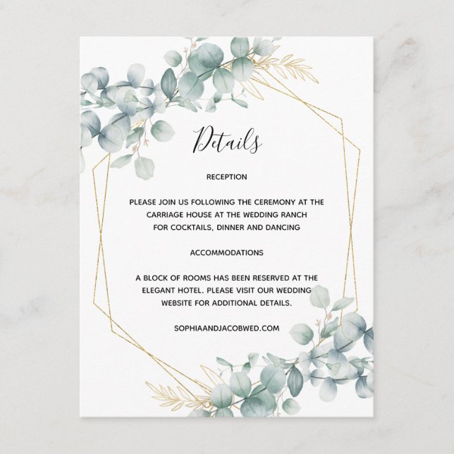 Greenery Gold Geometric Rustic Eucalyptus Wedding Enclosure Card (Front)
