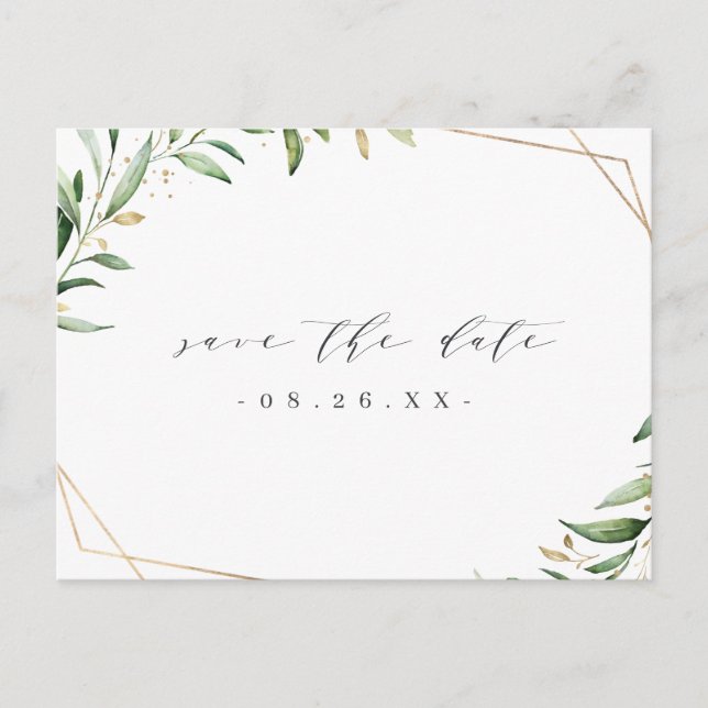 Greenery Gold Geometric Rustic Save The Date Announcement Postcard (Front)