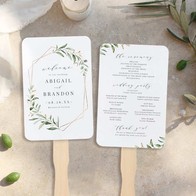Greenery Gold Geometric Rustic Wedding Program Hand Fan (Greenery Gold Geometric Rustic Wedding Program Hand Fan)