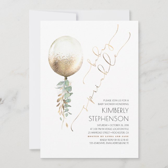Greenery Gold Glitter Balloon Baby Sprinkle Invitation (Front)