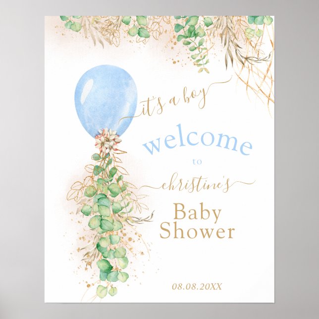 Greenery Gold Glitter Eucalyptus Balloon Welcome Poster (Front)