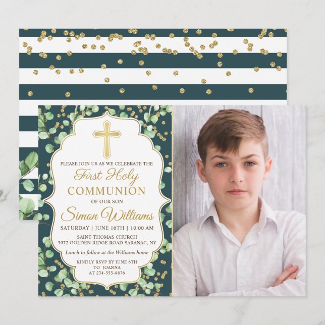 Greenery Gold Glitter First Holy Communion Invitation (Front/Back)