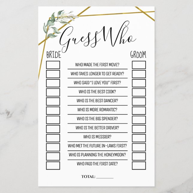 Greenery Gold Guess Who Bridal Shower game Flyer (Front)