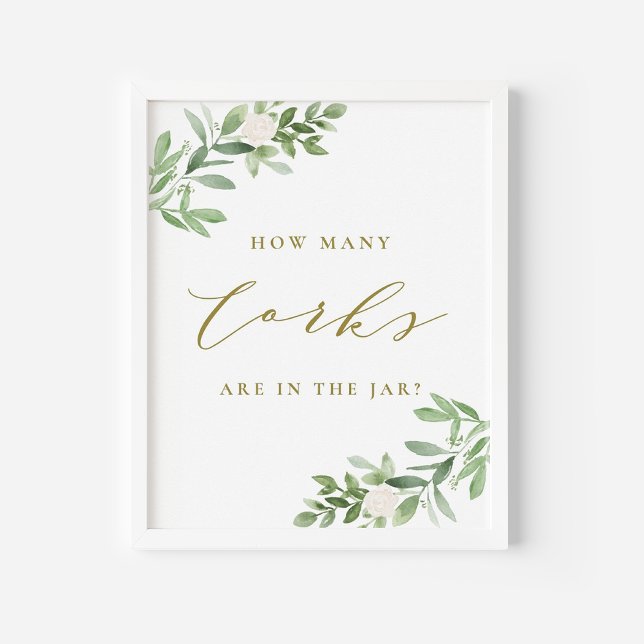 Greenery Gold How Many Corks Are in The Jar Game Poster (Greenery Cork Guessing Game Sign | Watercolor Corks in a Jar Game for Showers and Parties)