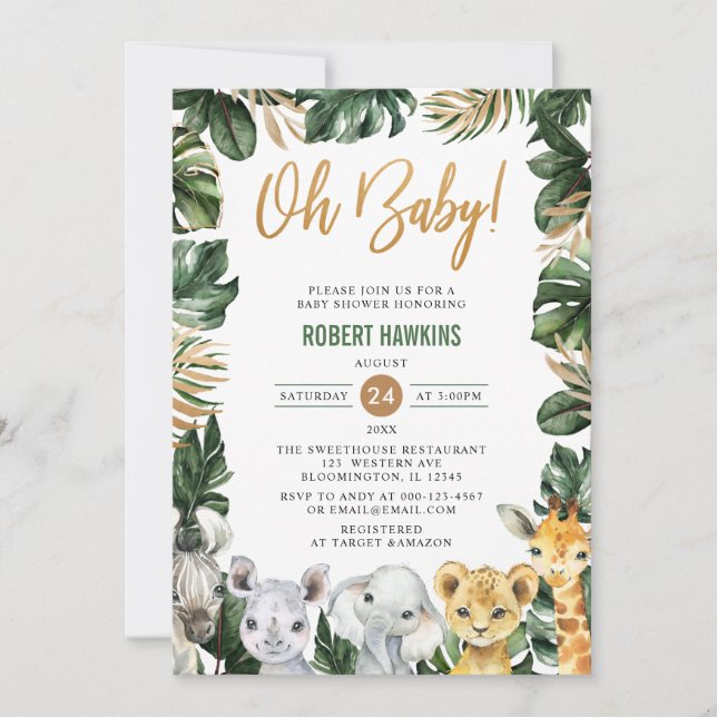 Greenery Gold Jungle Animals Safari Oh Baby Shower Invitation (Front)
