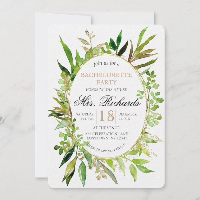 Greenery & Gold Leaf Bachelorette Party Invitation (Front)