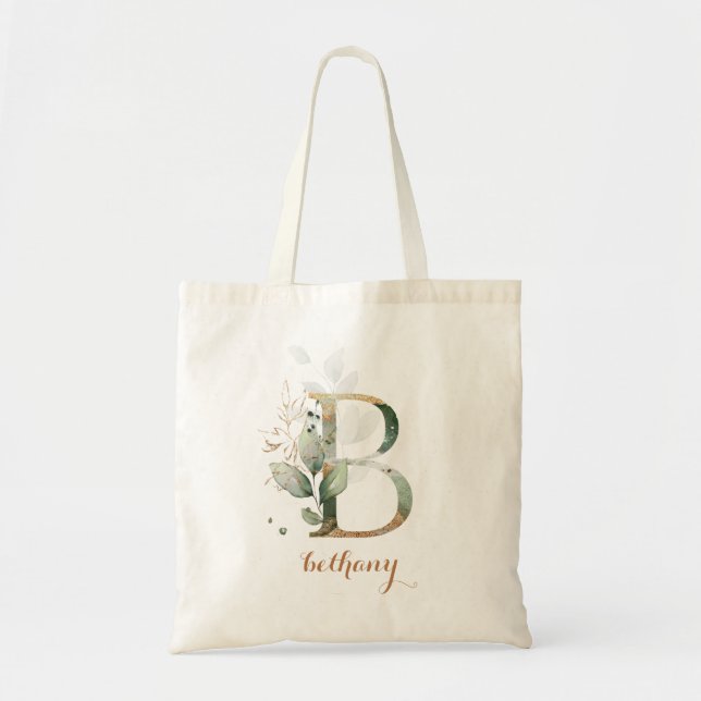 Greenery Gold Leaf Foliage Personalized Letter "B" Tote Bag (Front)