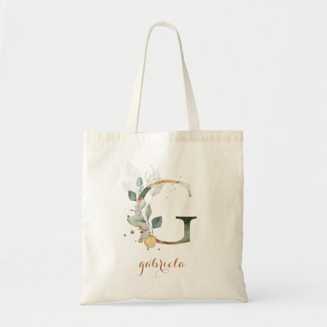 Greenery Gold Leaf Foliage Personalized Letter "G" Tote Bag (Front)
