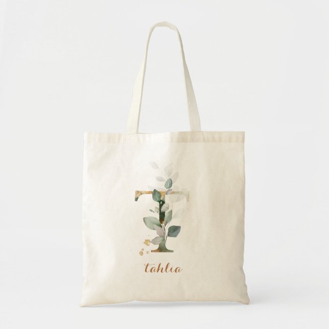 Greenery Gold Leaf Foliage Personalized Letter "T" Tote Bag (Front)