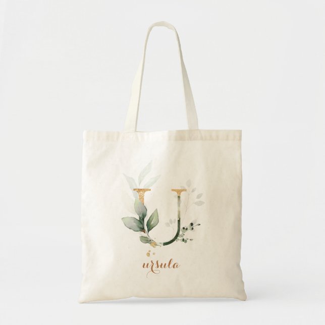 Greenery Gold Leaf Foliage Personalized Letter "U" Tote Bag (Front)