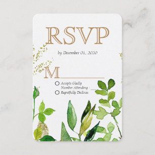 Greenery & Gold Leaf Framed Leaves Wedding RSVP Card