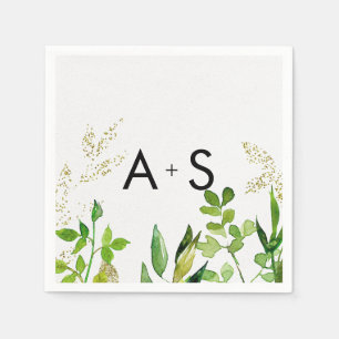 Greenery & Gold Leaf Framed Wedding Monogram Napkin