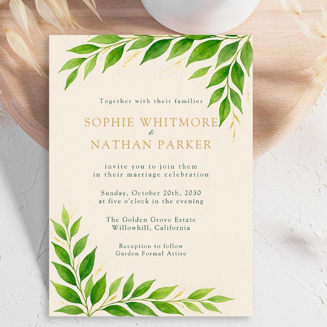 Greenery Gold Leaf Watercolor Wedding Invitation (Creator Uploaded)