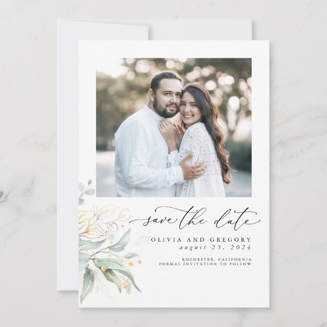 Greenery Gold Leaves Boho Save The Date Photo (Front)