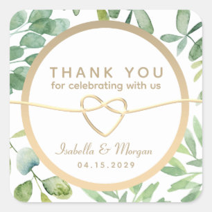 Greenery Gold Leaves Botanical Wedding Thank You Square Sticker