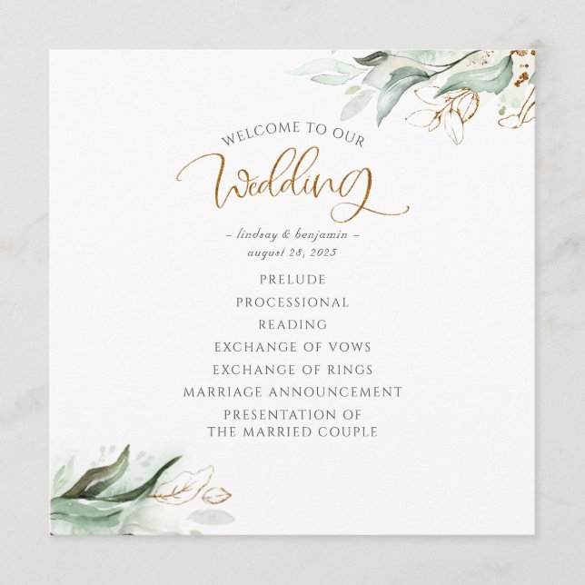 Greenery Gold Leaves Elegant Wedding Program (Front)