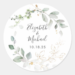 Greenery Gold Leaves Foliage Wreath Classic Round Sticker
