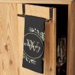 Greenery Gold Monogram Chic Script Black Kitchen Towel<br><div class="desc">Featuring delicate watercolor leaves greenery,  this chic girly design can be personalized with your gold monogram initial. Designed by Thisisnotme©</div>