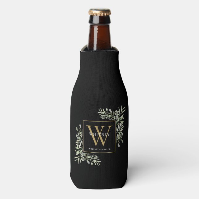 Greenery Gold Monogram Elegant Black Modern  Bottle Cooler (Bottle Front)