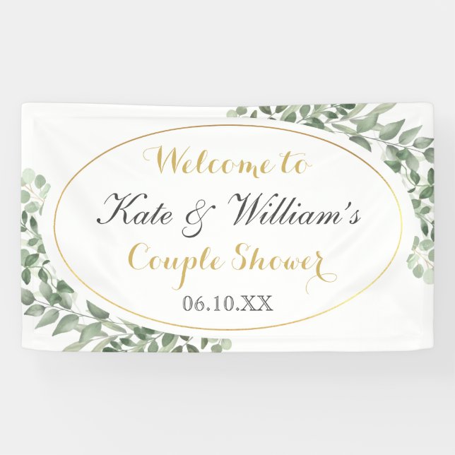 Greenery Gold Monogram Elegant Couples Shower  Banner (Horizontal)