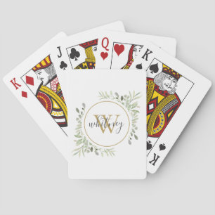 Greenery Gold Monogram Elegant Script Playing Cards