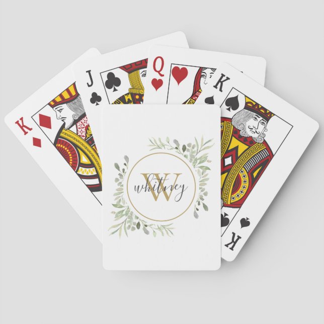 Greenery Gold Monogram Elegant Script Playing Cards (Back)