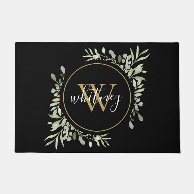 Greenery Gold Monogram Girly Script Black Doormat (Front)