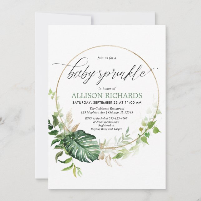 Greenery gold monstera tropical baby sprinkle invitation (Front)