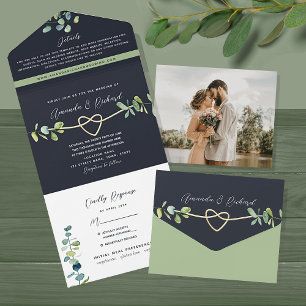 Greenery Gold Navy Wedding All In One Invitation