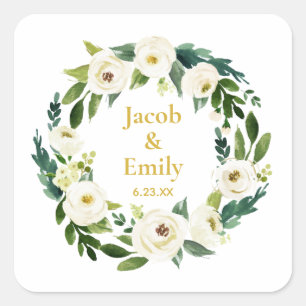 Greenery Gold Personalized Names Date Wedding Square Sticker