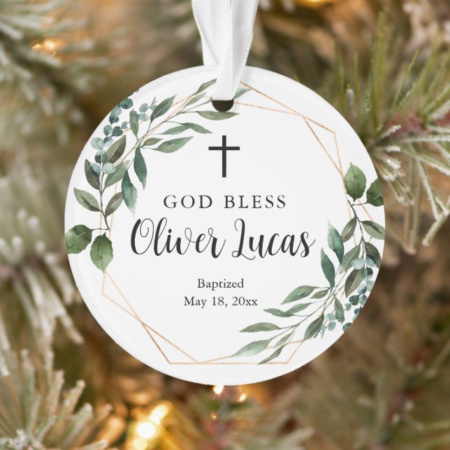 Greenery Gold Personalized Photo Baptism Ornament (Tree)