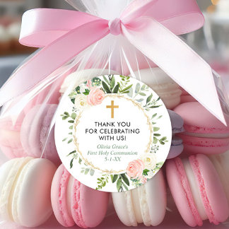 Greenery gold pink elegant first communion baptism classic round sticker