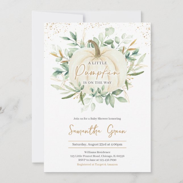 Greenery Gold Pumpkin Baby Shower Invitation (Front)