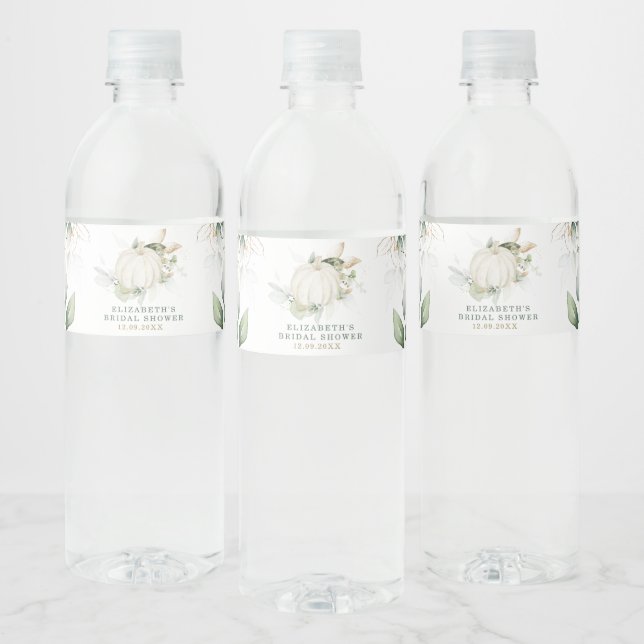 Greenery Gold Pumpkin Fall Bridal Shower Favours Water Bottle Label (Bottles)