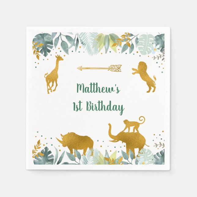 Greenery Gold Safari Animal Birthday Napkin (Front)