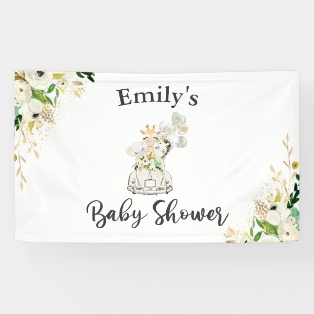 Greenery Gold Safari Animals Drive By Baby Shower Banner (Horizontal)