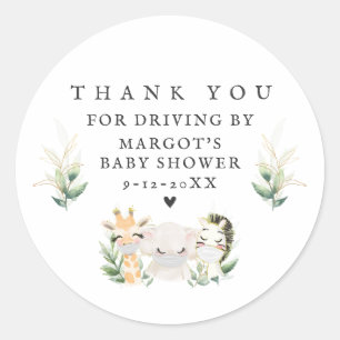 Greenery Gold Safari Animals Drive By Baby Shower Classic Round Sticker