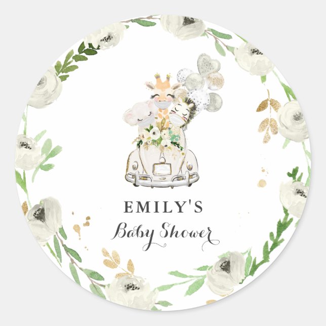 Greenery Gold Safari Animals Drive By Baby Shower Classic Round Sticker (Front)