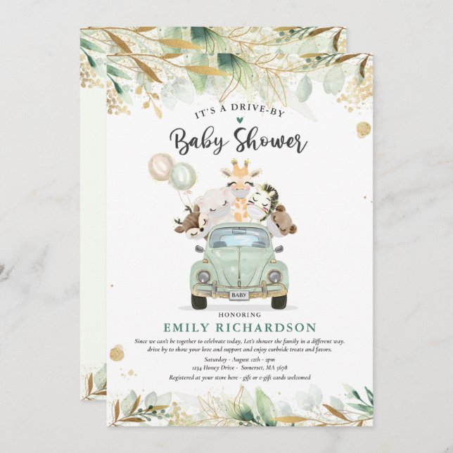 Greenery Gold Safari Animals Drive By Baby Shower Invitation (Front/Back)