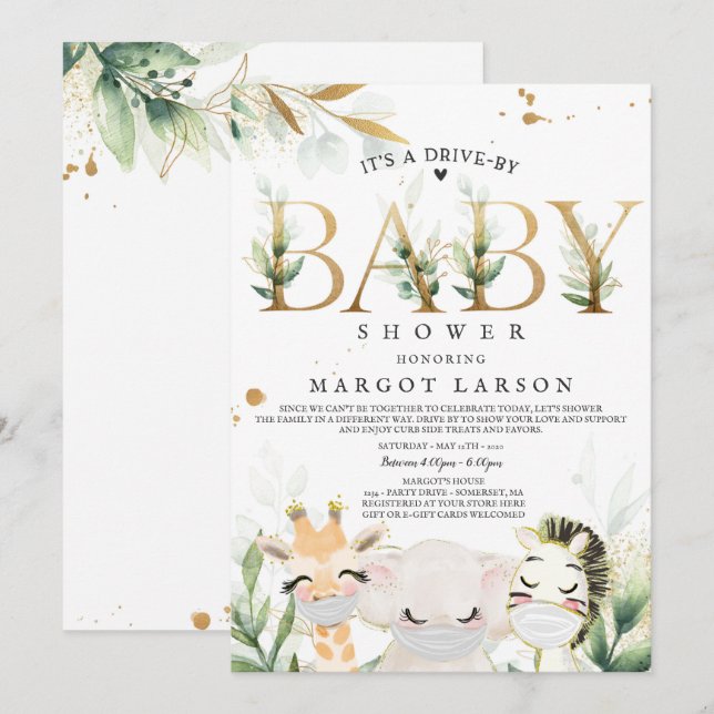 Greenery Gold Safari Animals Drive By Baby Shower Invitation (Front/Back)