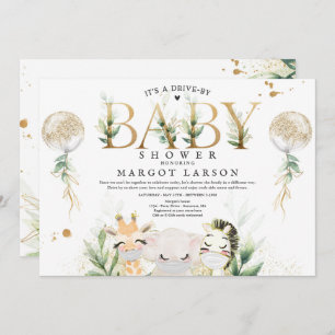 Greenery Gold Safari Animals Drive By Baby Shower Invitation