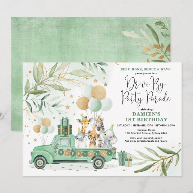 Greenery Gold Safari Drive By Birthday Parade Invitation (Front/Back)