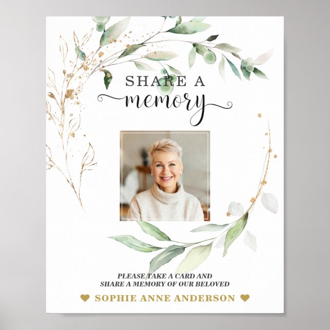 Greenery Gold Share a Memory Funeral Card Sign (Front)