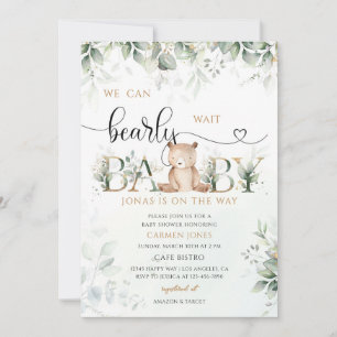 Greenery Gold Teddy Bear Baby Shower Invitation