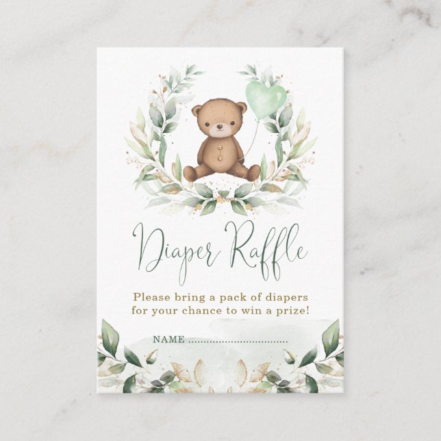 Greenery Gold Teddy Bear Diaper Raffle Baby Shower Enclosure Card (Front)