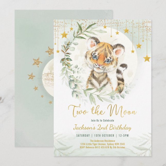Greenery Gold Tiger Two the Moon 2nd Birthday Invitation (Front/Back)