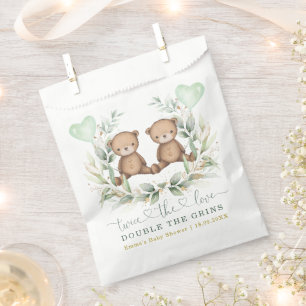 Greenery Gold Twin Teddy Bear Balloon Baby Shower Favour Bag