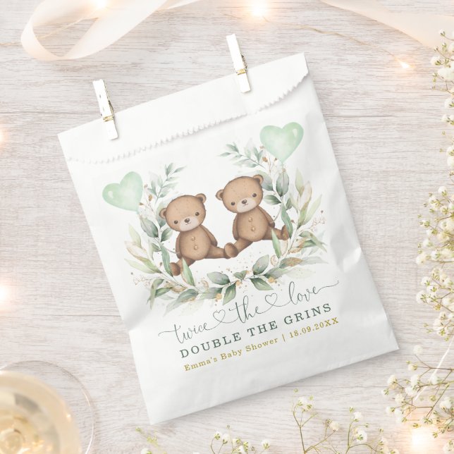 Greenery Gold Twin Teddy Bear Balloon Baby Shower Favour Bag (Clipped)