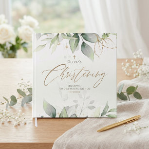 Greenery Gold Watercolor Christening Guest Book